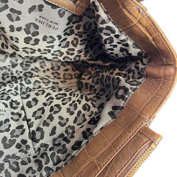 Perlina Womens Brown Croc Embossed Leather Double Handle Shoulder Bag Purse - Picture 15 of 16